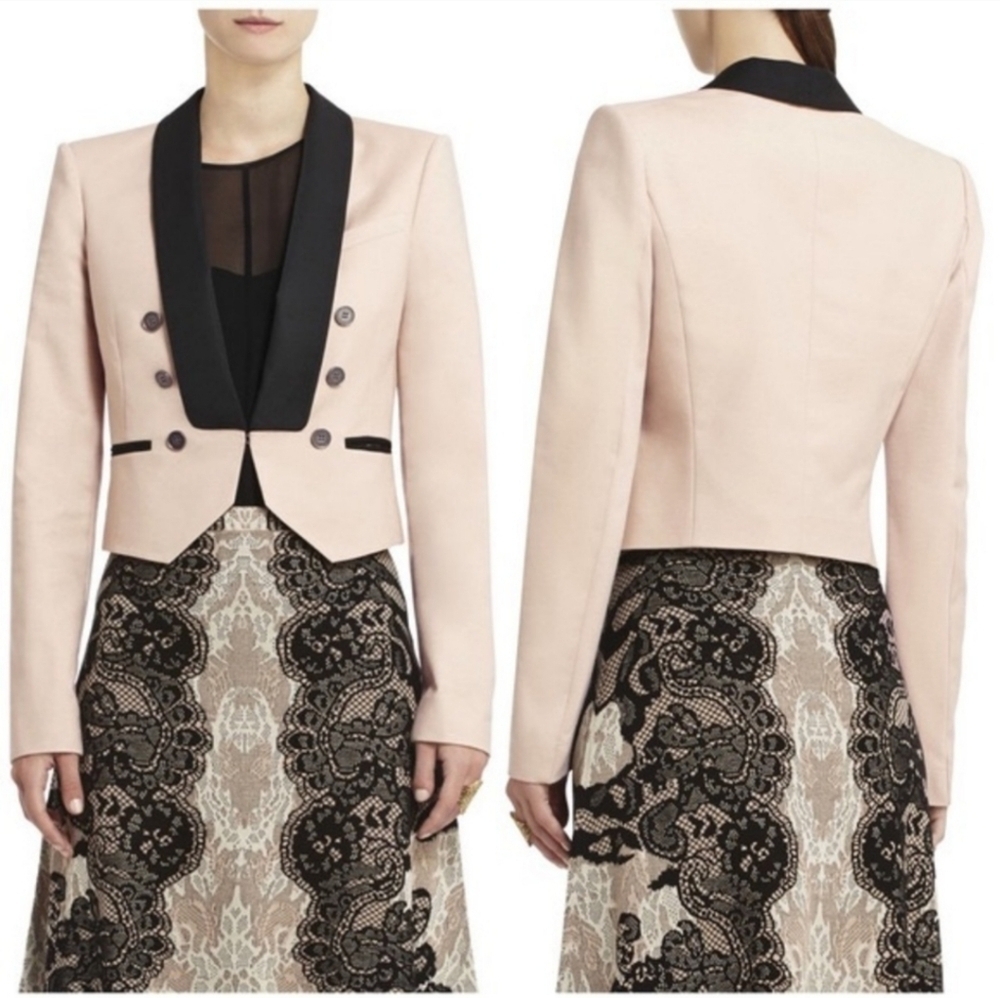 Women's Blush Pink Cropped Tuxedo Jacket with Black Shawl Collar